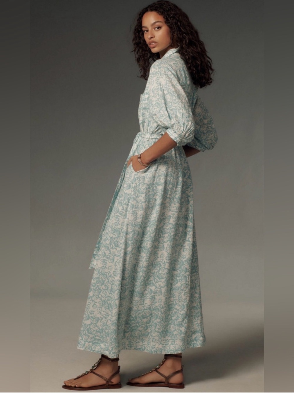 Maeve Anthropologie Irene Linen Shirt Maxi Dress Mint Green Floral XL